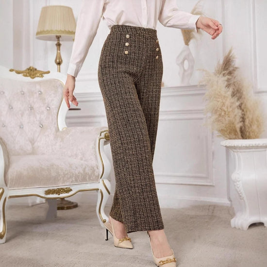 Versatile Classic Style Plaid Double-breasted Tweed High Waist Slimming Wide-leg Pants