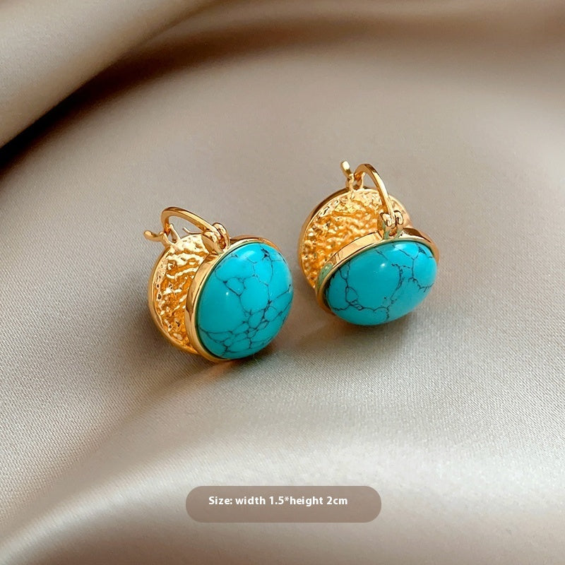 Natural Stone Stud Earrings Round Diamond Gold-plated Earrings