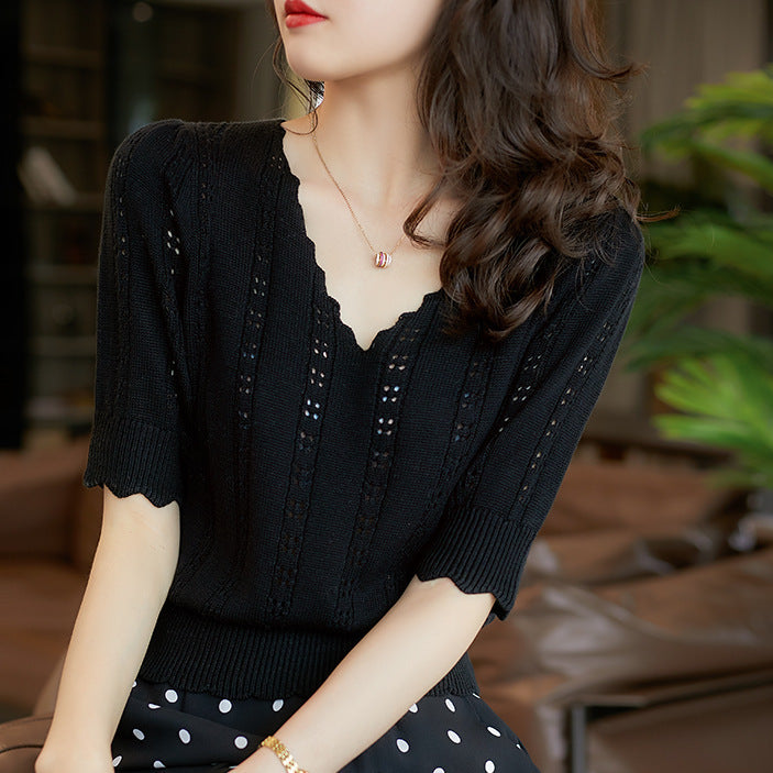 Summer White French Style V-neck Sweater With Short Sleeves