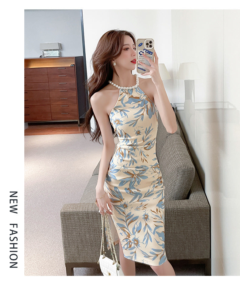 Women's Split Waist Fitted Floral Sleeveless Pearl Halter Dress