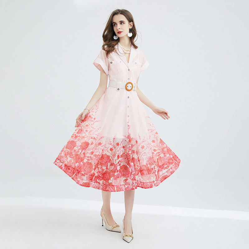 Seaside Vacation Style French Blouse Collar Printed Dress
