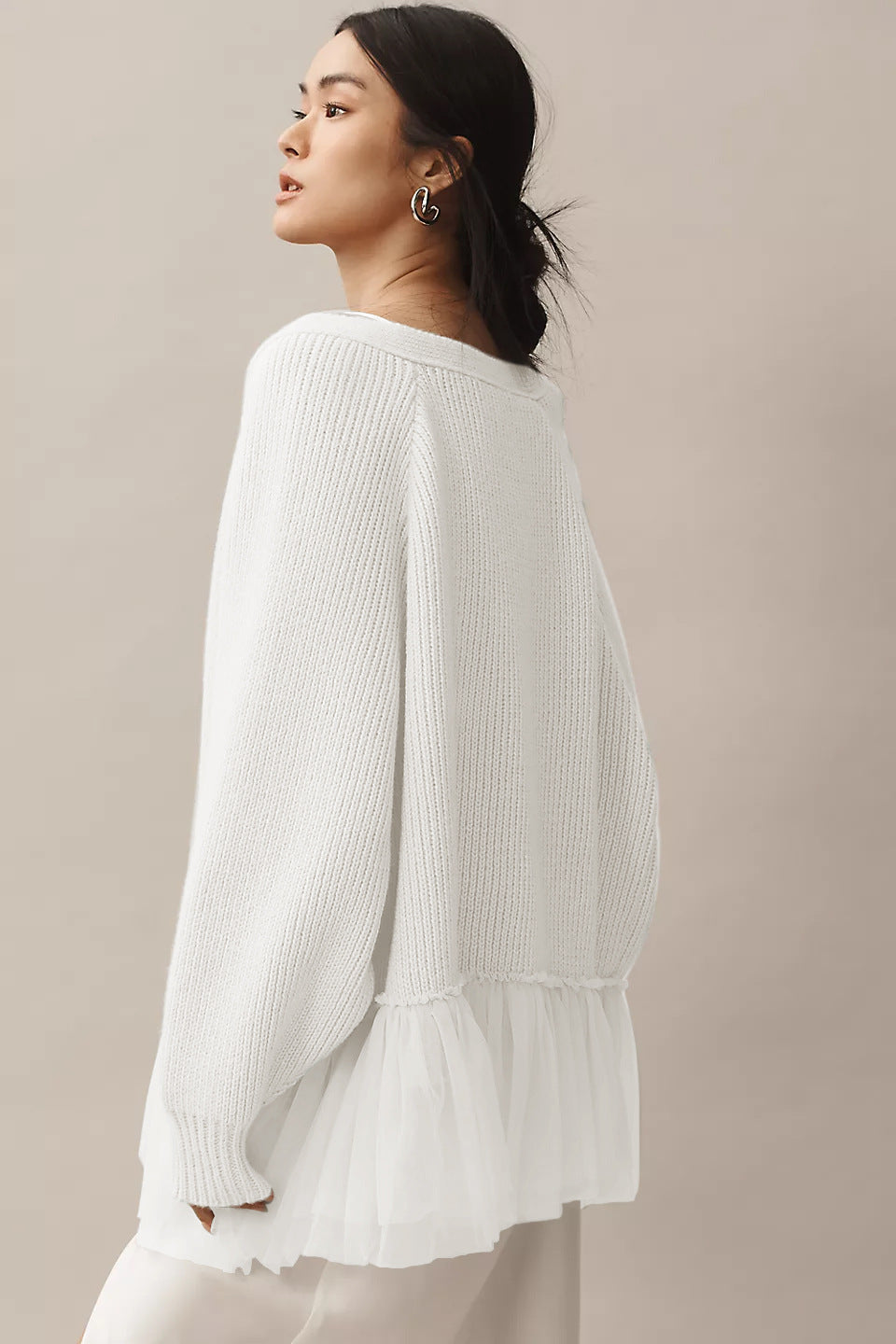 Ruffled Gauze Knitting Sweater Cardigan Long Sleeve
