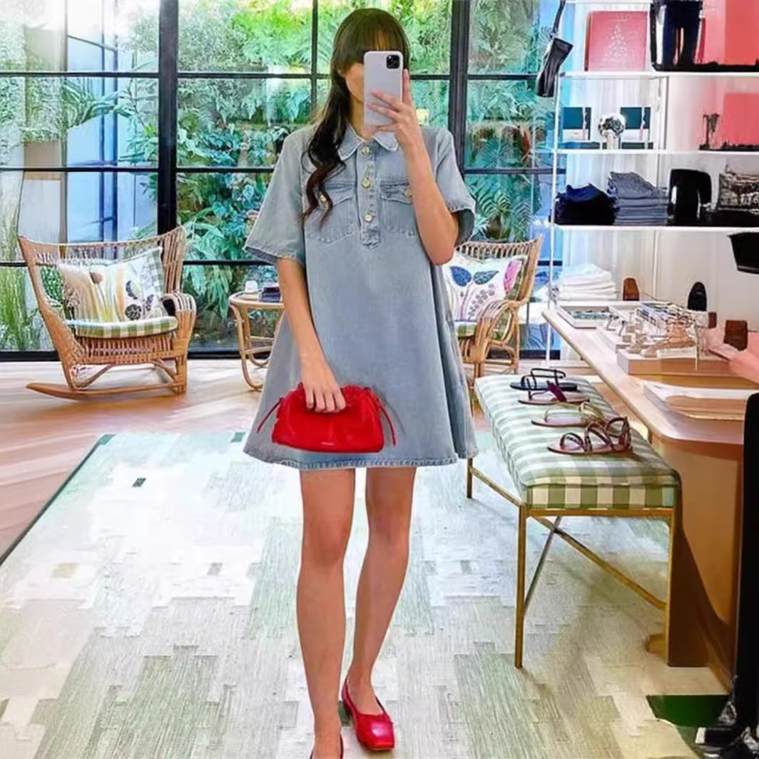 Blue Washed Short Sleeve Women's Denim Dress