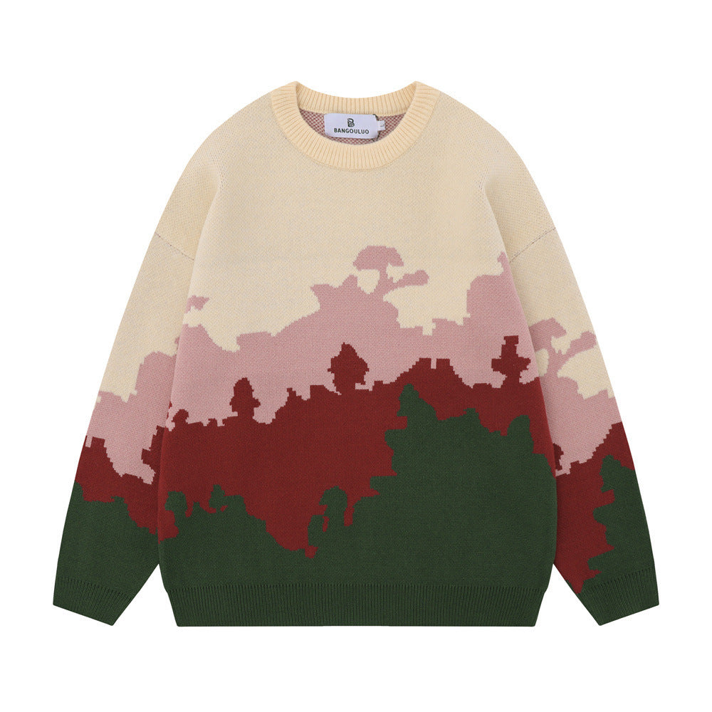 Color Contrast Patchwork Round Neck Sweater Men And Women Bf Idle Style