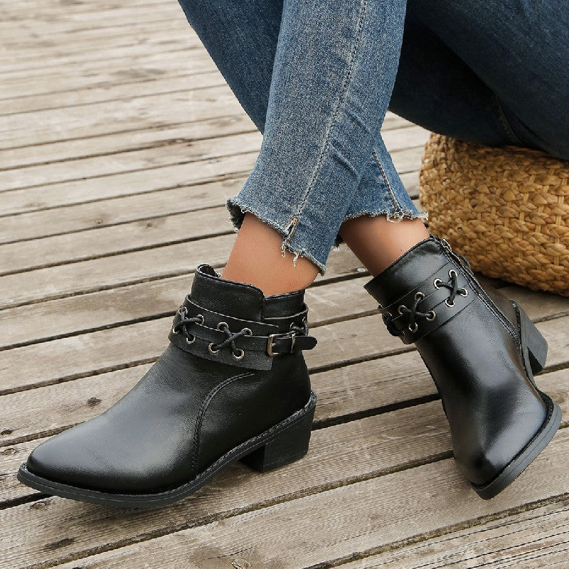 Women's Ankle Pointed-toe Side Zip Thick Heel Rivet Leather Boots