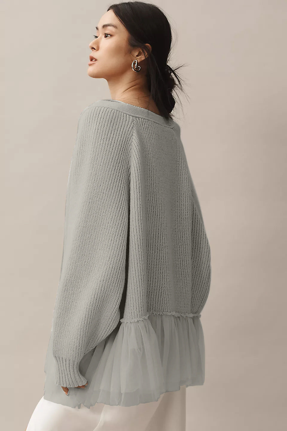 Ruffled Gauze Knitting Sweater Cardigan Long Sleeve