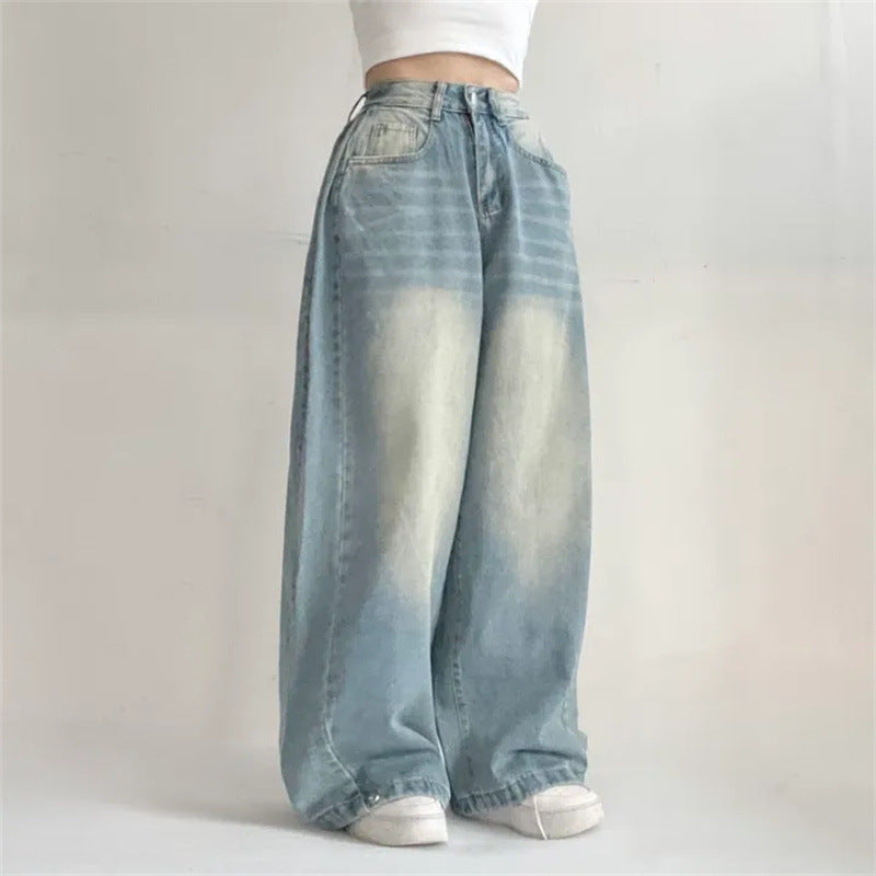 Washed Blue Wide-leg Jeans High Waist Loose Straight Long Pants