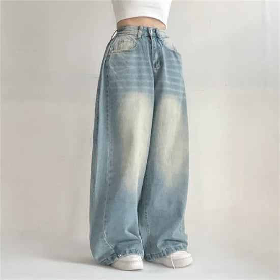 Washed Blue Wide-leg Jeans High Waist Loose Straight Long Pants