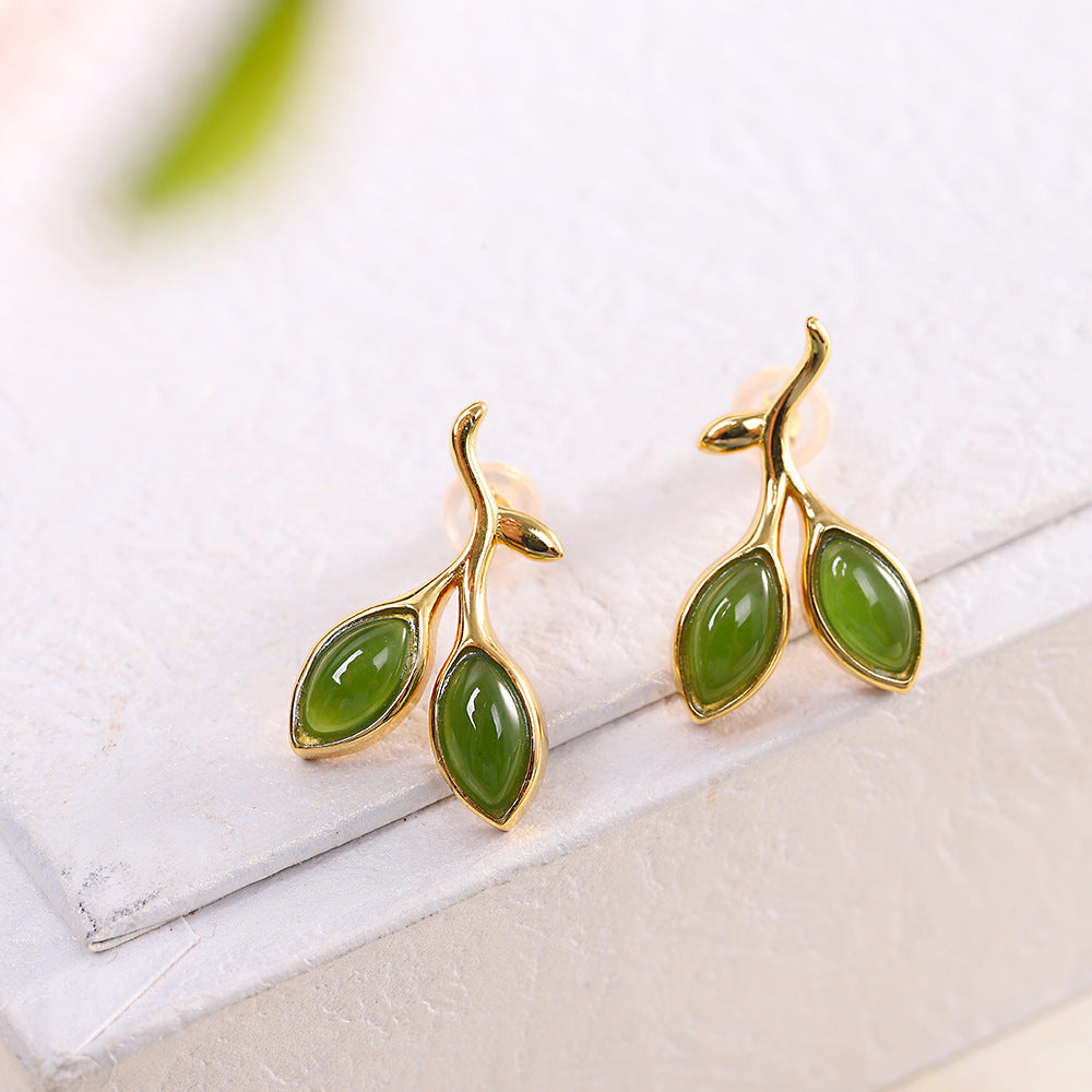 925 Sterling Silver Hetian Jade Bud Stud Earrings Artistic