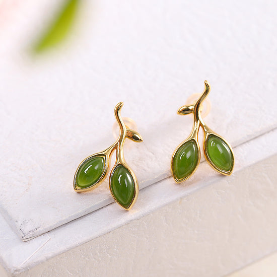 925 Sterling Silver Hetian Jade Bud Stud Earrings Artistic