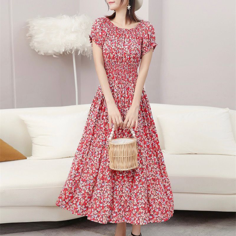 Cotton Silk Floral Korean Style Ladies Elegant Slim-fit Dress