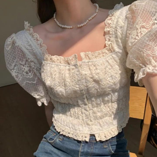 Puff Sleeve White Lace Women's Waist Trimming Short Top
