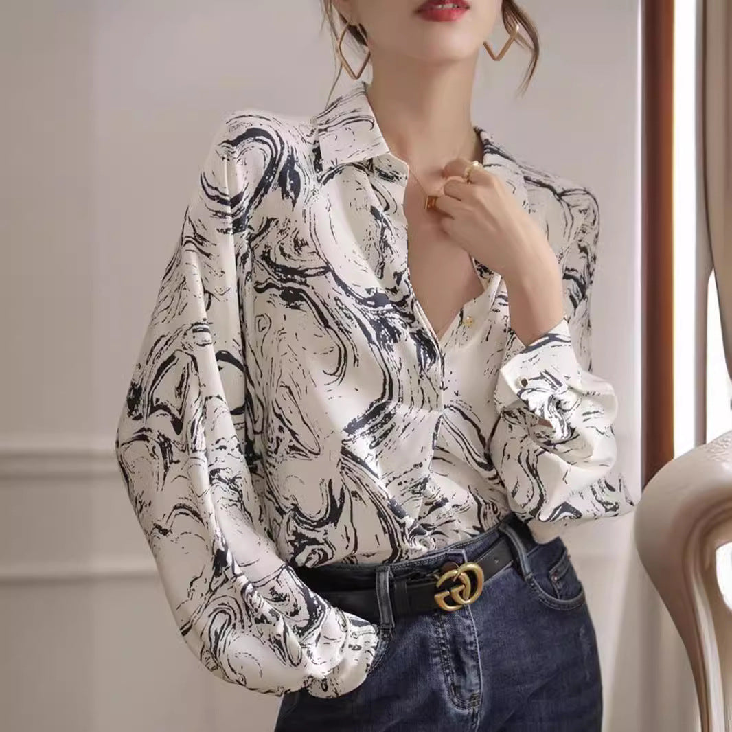 Western Style Fashion Ink Painting Printed Long Sleeve Shirt