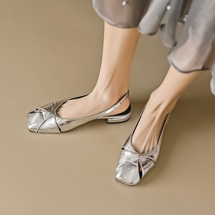 Authentic Leather Toe Box Women's Flat Shoes Back Strap Square Head