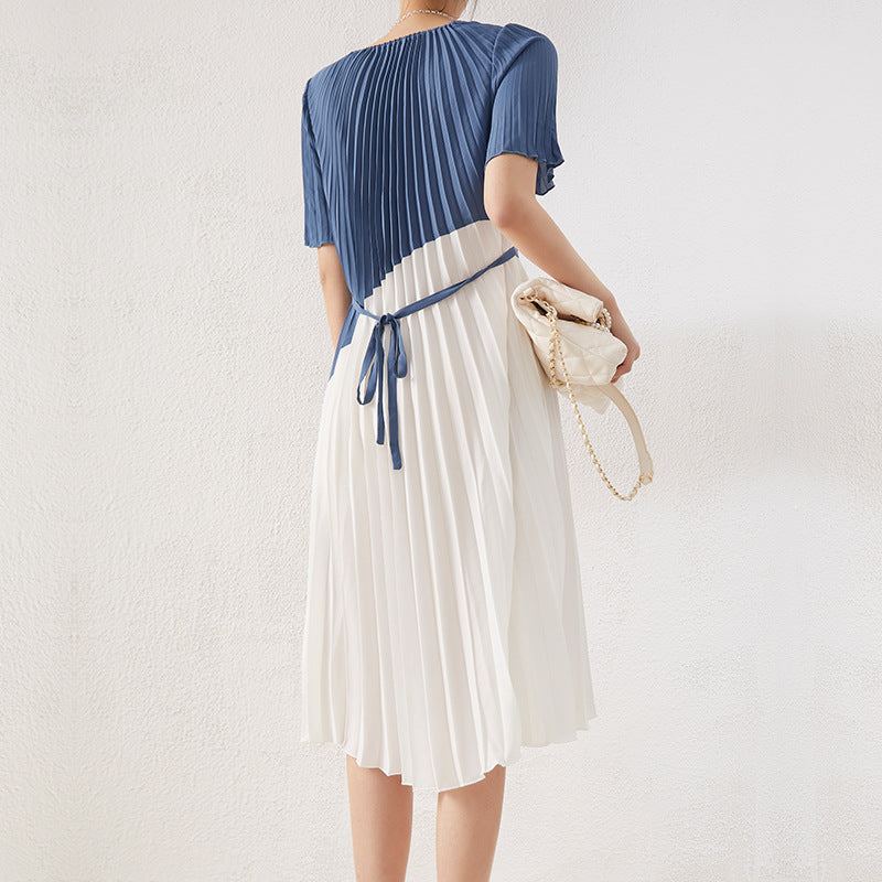 Color-block Design Pleated Skirt Short-sleeved Slim Mid-length Skirt