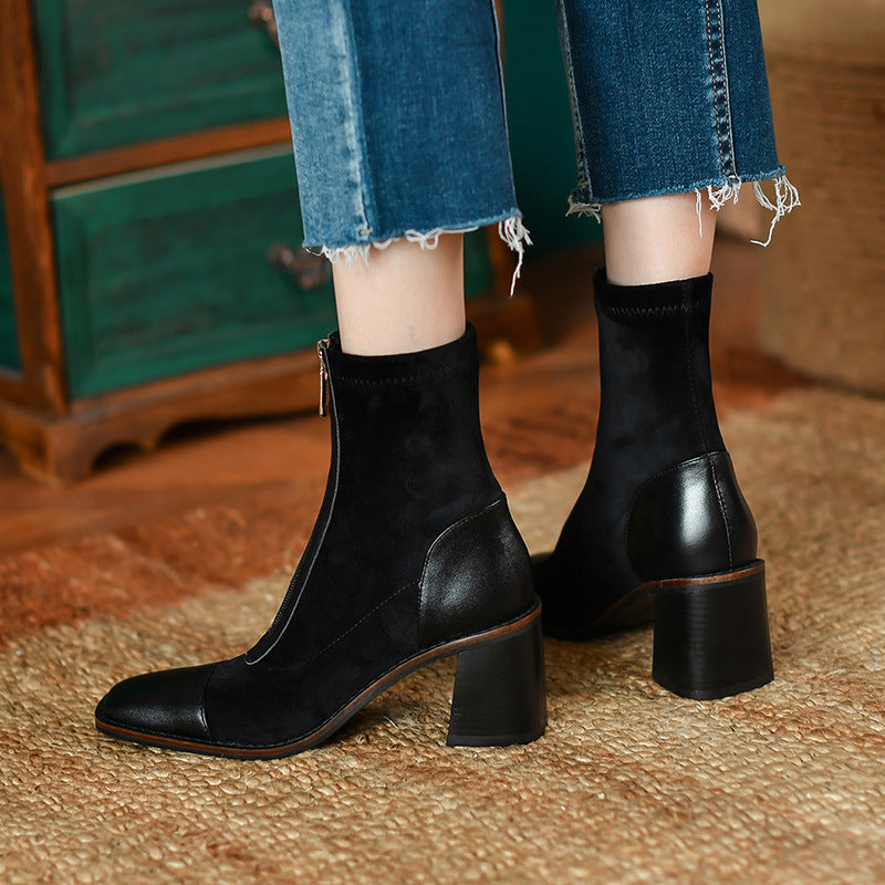 Front Zipper Leather Stitching Stretch Boots
