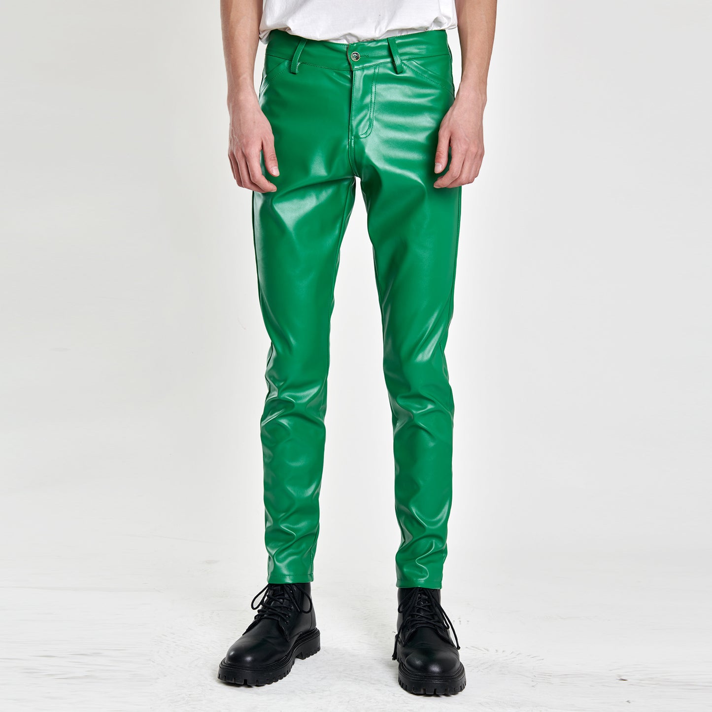 Men's Stretch Slim Fit Popular Green Bar Orange Orange Breathable Leather Pants