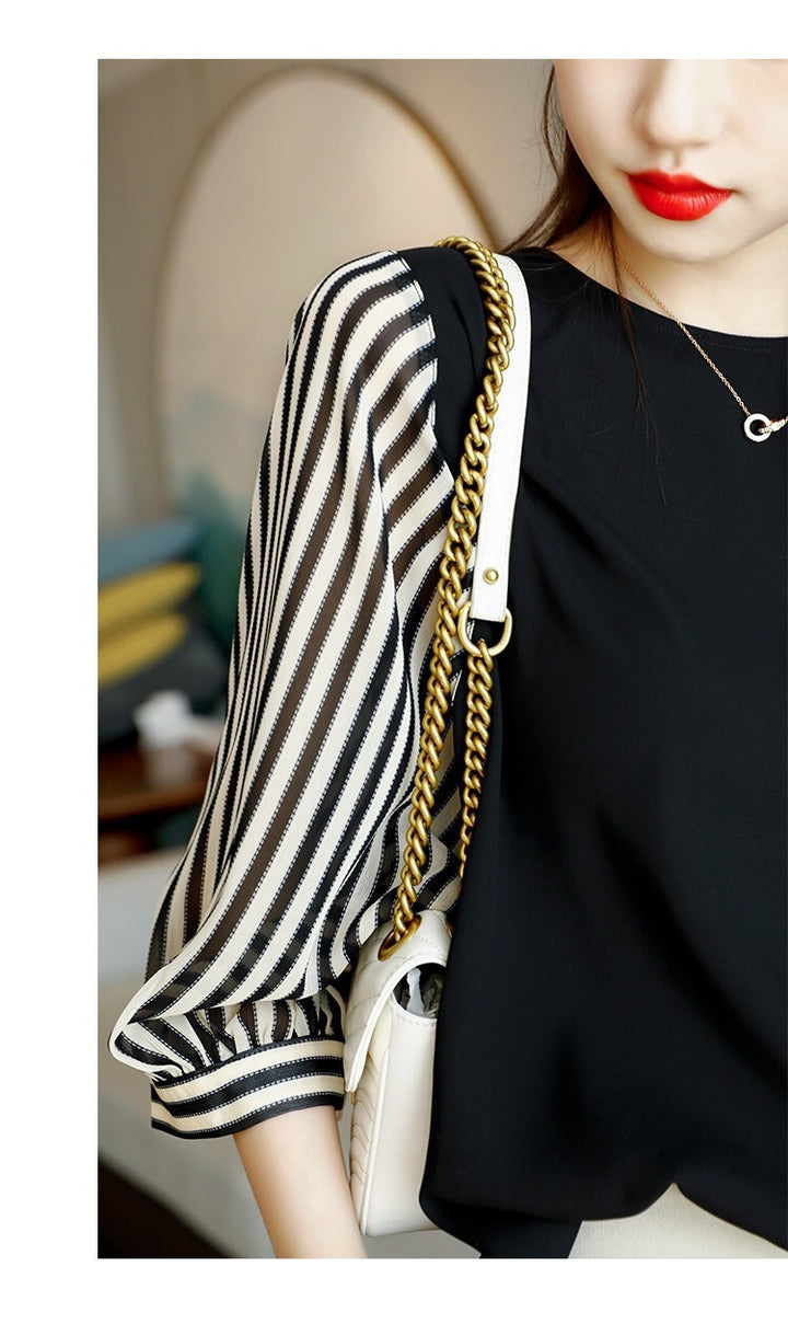 Women's Contrast Color Stitching Dolman Sleeve Chiffon Top