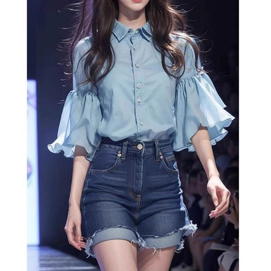 Niche Blue Bell Sleeve Chiffon Shirt