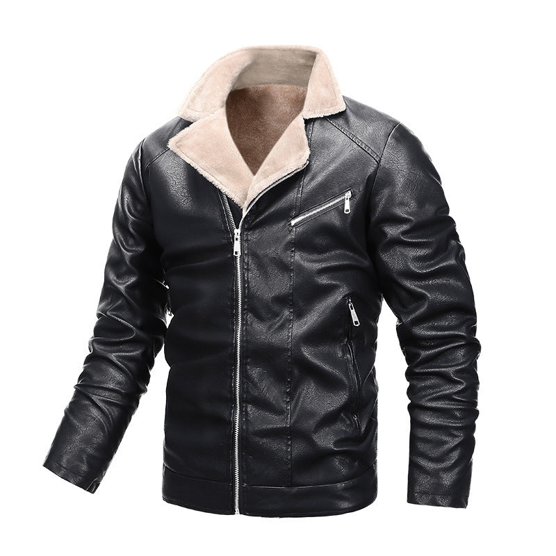 Men Stand Up Collar Plus Velvet Leather Casual