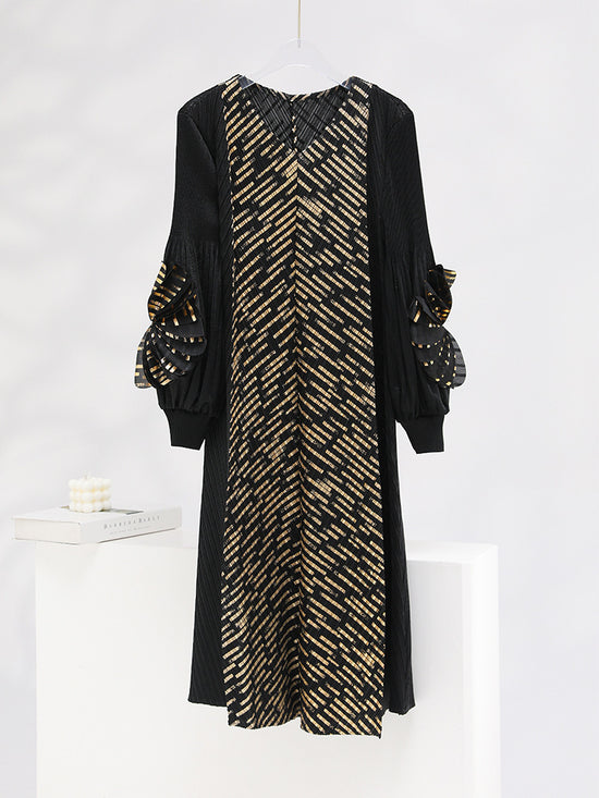 High-grade Bronzing Plate Flower V-neck Temperament Mid-length Pleated Dress
