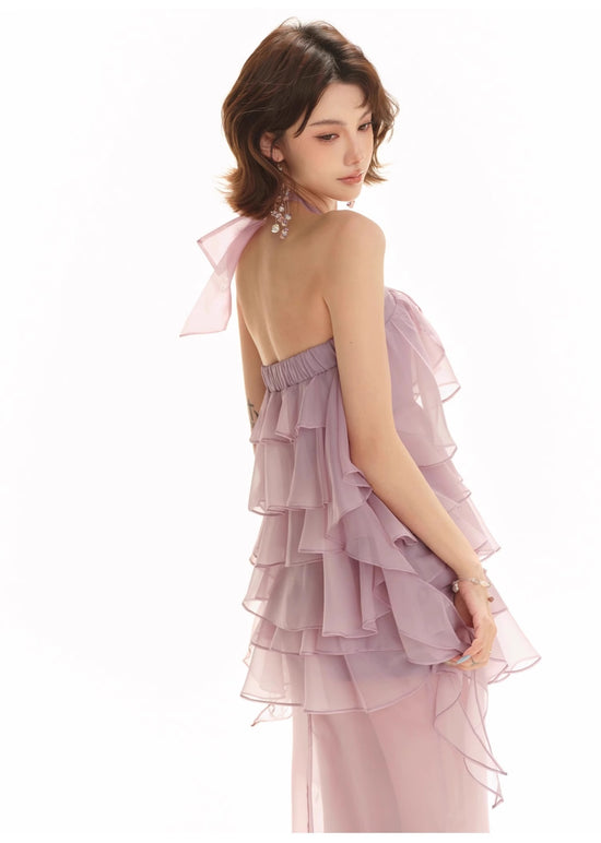 Original Design Hazy Atmosphere High Slit Long Dress Sexy Backless Multi-layer Ruffles