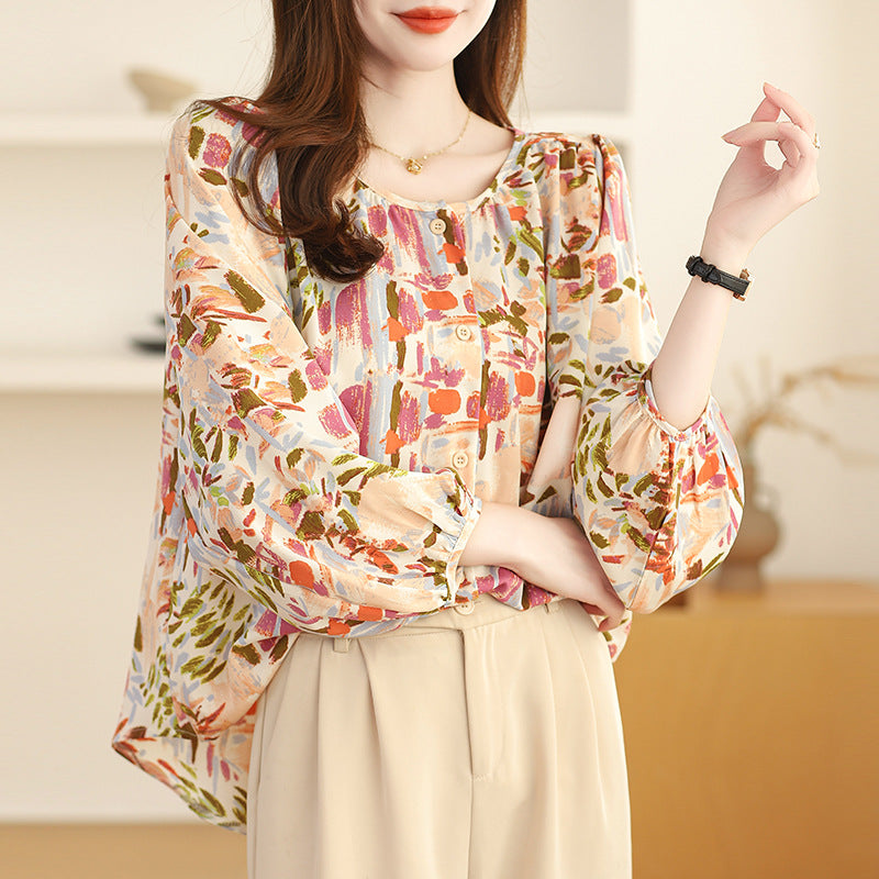 Real Shot French Style Vintage Floral Nine-quarter Sleeve Shirt For Women