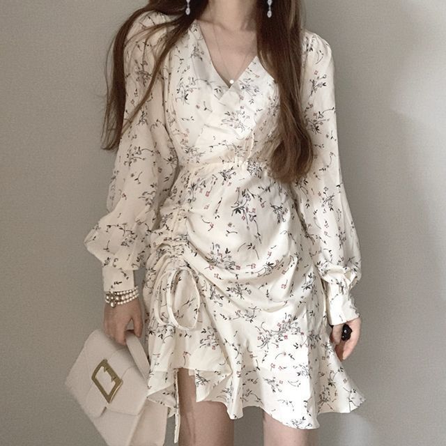 Elegant Elegant V-neck Cross Waist Bubble Sleeve Floral Dress