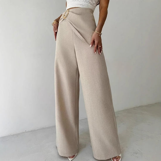 High Waist Beige Metal Buckle Wide Leg Pants