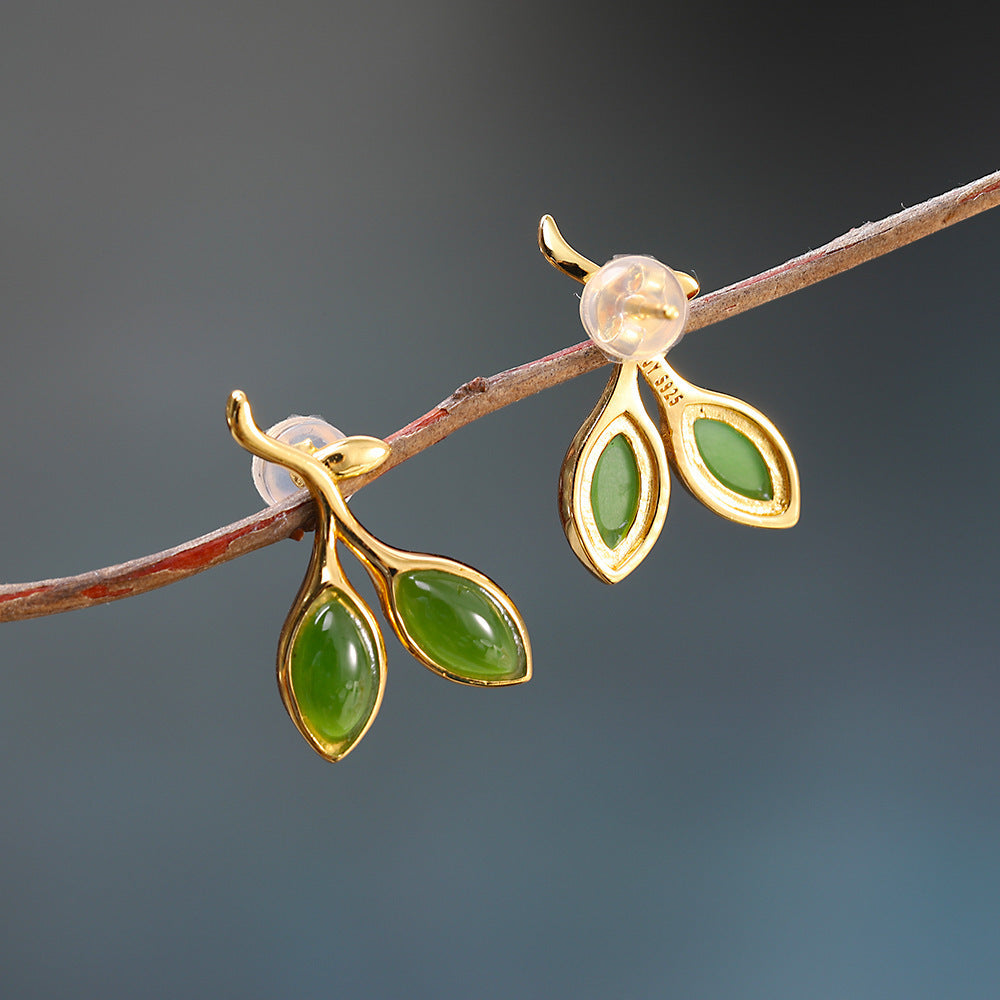925 Sterling Silver Hetian Jade Bud Stud Earrings Artistic