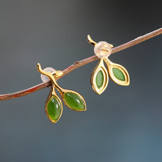 925 Sterling Silver Hetian Jade Bud Stud Earrings Artistic