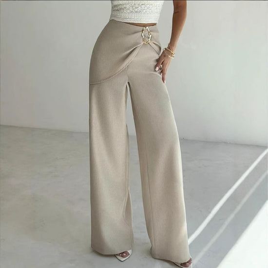 High Waist Beige Metal Buckle Wide Leg Pants