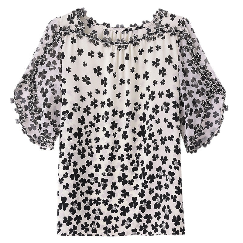 Embroidery Floral Shirt Fashion Chiffon Short Sleeve