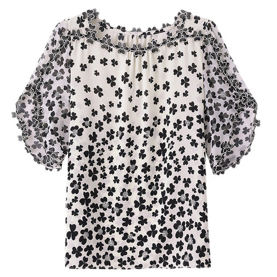 Embroidery Floral Shirt Fashion Chiffon Short Sleeve