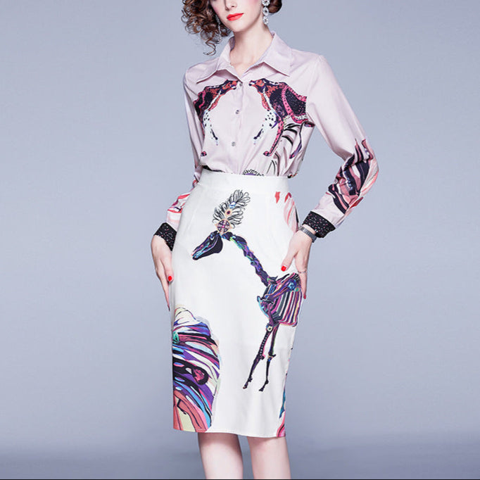 2 Piece Skirt Set Women Print Elegant Blouse Shirt
