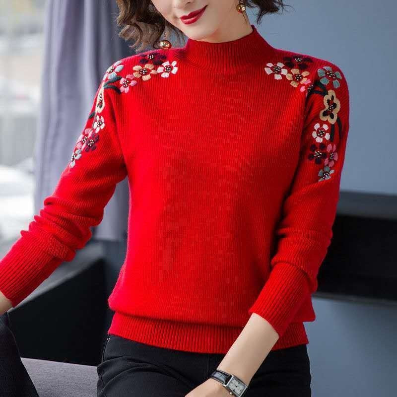 Popular Embroidery Women's New Loose High Collar Bottoming Shirt