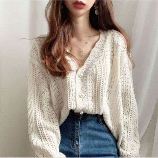 Loose And Thin Outer Wear A Lazy Long-Sleeved Knitted V-neck Jacket