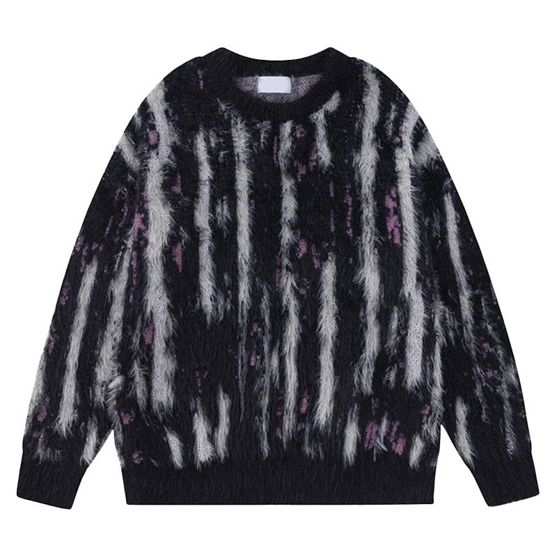 High Street Contrast Color Vertical Stripes Round Neck Autumn Winter Retro Lazy And Loose Mink-like Sweater