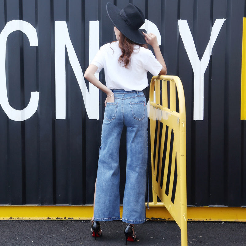 Oversized high-rise side wide-leg jeans