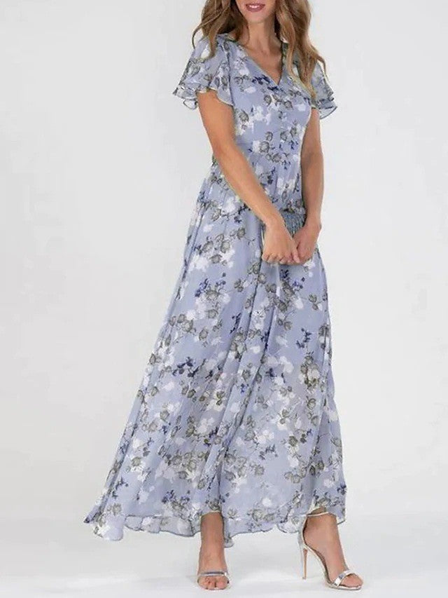 Temperament Commute Slimming V-neck Short Sleeve Printed Waist-controlled Dress