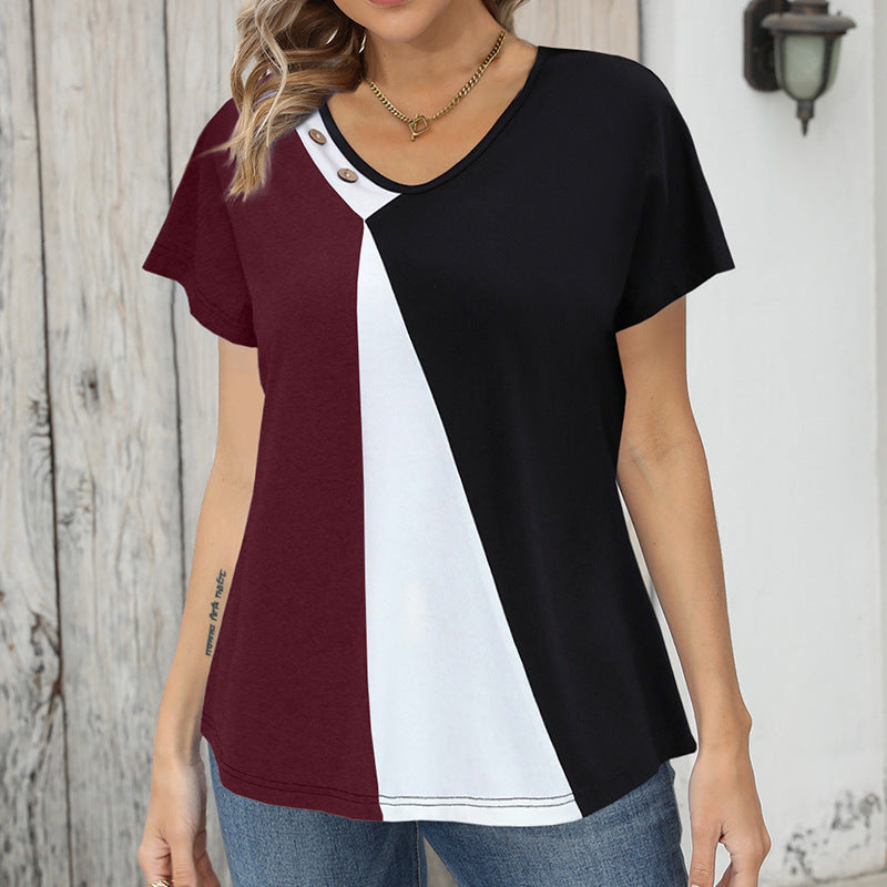 Women's Printing Color Contrast Loose Short-sleeved T-shirt Button Top