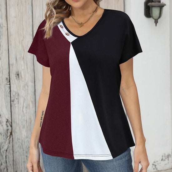 Women's Printing Color Contrast Loose Short-sleeved T-shirt Button Top