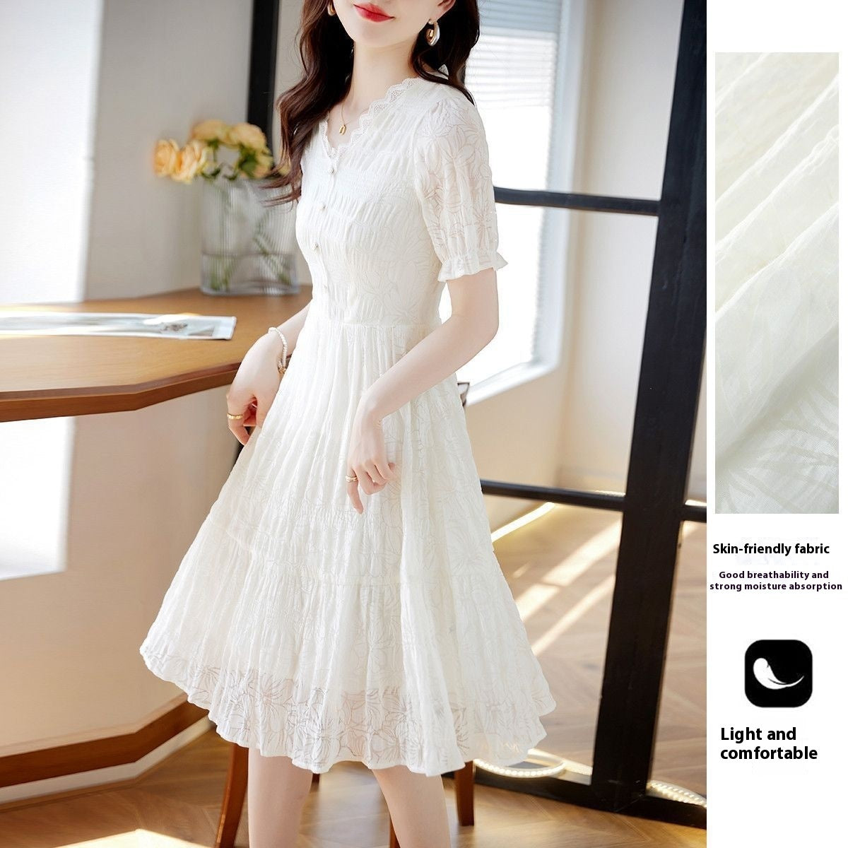 Fairy Style V-neck Lace Stitching Dress Women