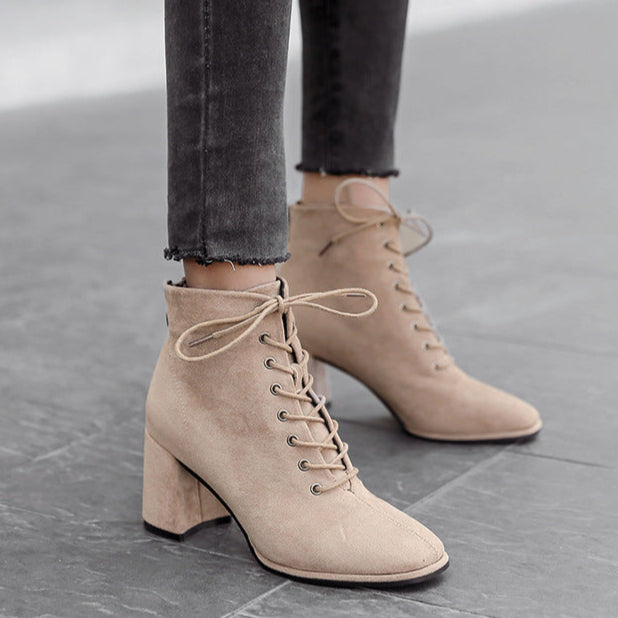 British Style Square Toe Thick Heel Lace High-heeled Martin Boots