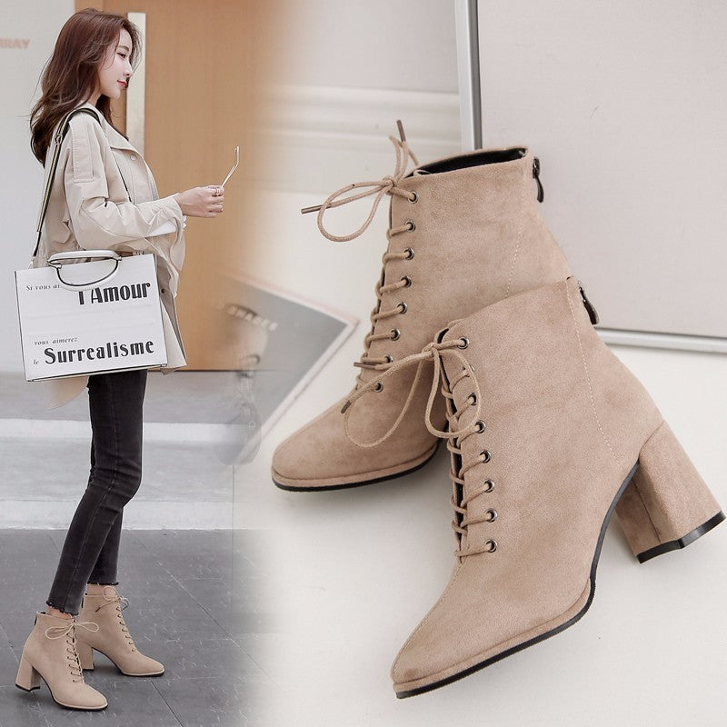 British Style Square Toe Thick Heel Lace High-heeled Martin Boots
