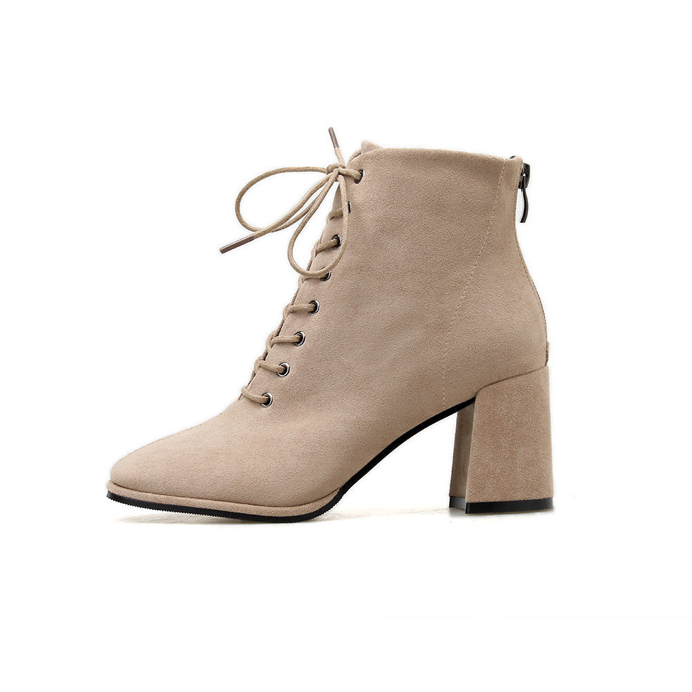 British Style Square Toe Thick Heel Lace High-heeled Martin Boots