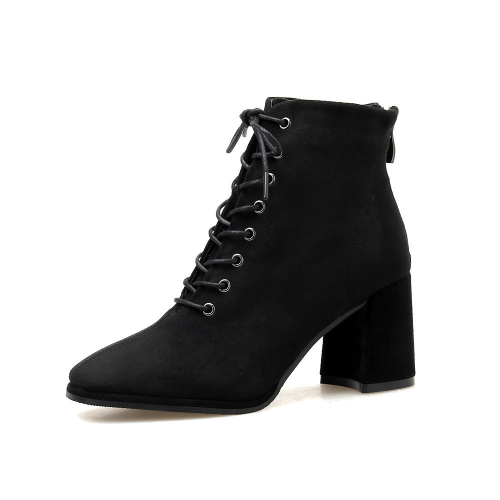 British Style Square Toe Thick Heel Lace High-heeled Martin Boots