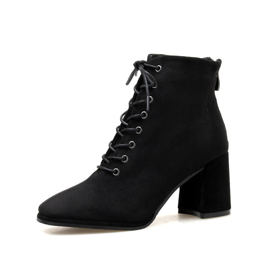 British Style Square Toe Thick Heel Lace High-heeled Martin Boots