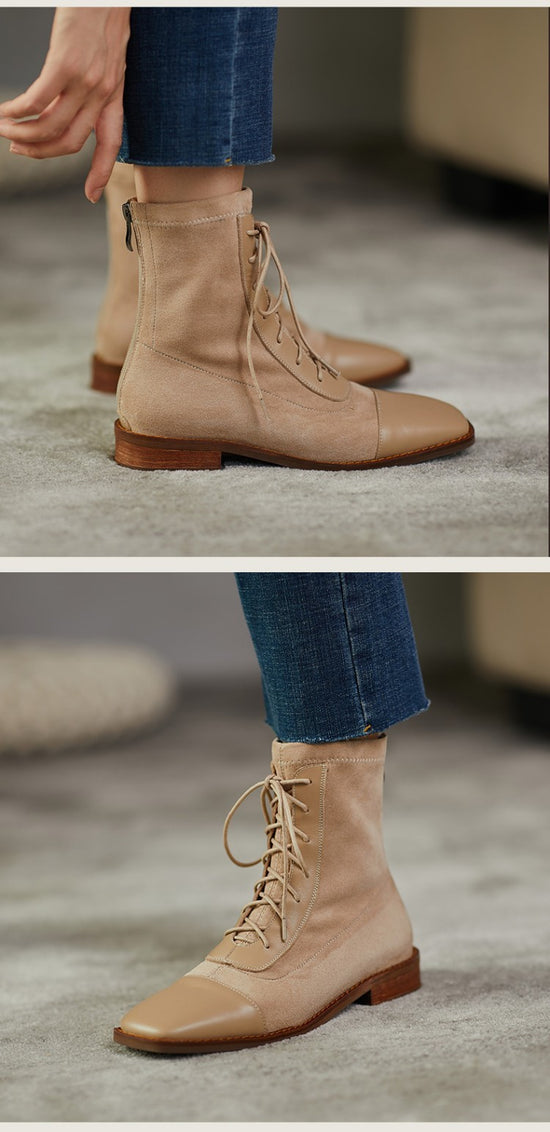 About Wind Low-Heel Flat Top Cowhide Square Toe Lace-Up Short-Leg Boots