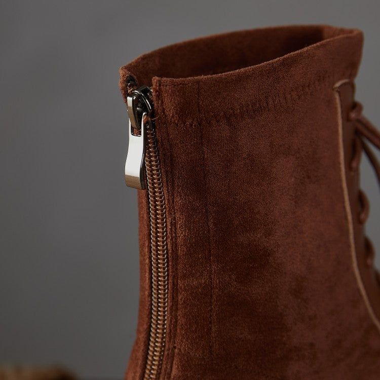 About Wind Low-Heel Flat Top Cowhide Square Toe Lace-Up Short-Leg Boots